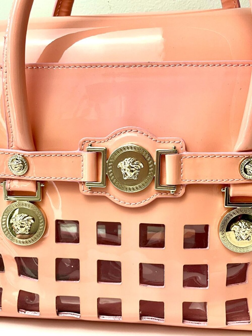 Versace Patent leather Medusa Top Handle Bag Pink Cutout Satchel - Picture 6 of 11